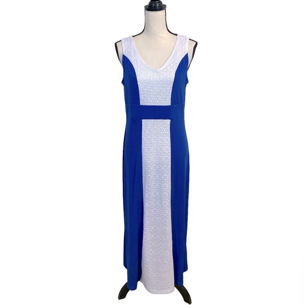 Slinky Brand Royal Blue Maxi Dress with White Lace Panel Size Medium
